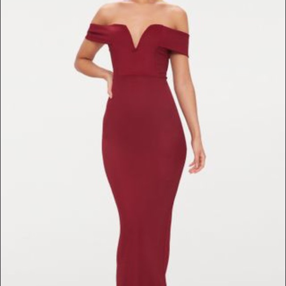 Burgundy Bardot V Plunge Maxi Dress